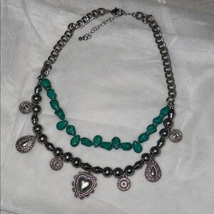 Boho Western Silver Tone & Turquoise Beaded Charm Statement Necklace